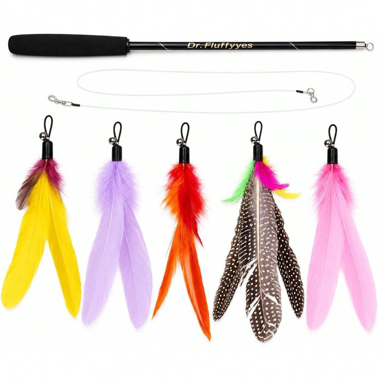 Interactive Cat Toy - ของเล่นไม้ตกแมวพร้อมขนนก 5 ชิ้น - ไม้ตกแมวแบบอินเทอร์แอคทีฟและของเล่นคันเบ็ดตกปลาสำหรับแมวในบ้าน, ของเล่นขนนกสำหรับออกกำลังกาย
