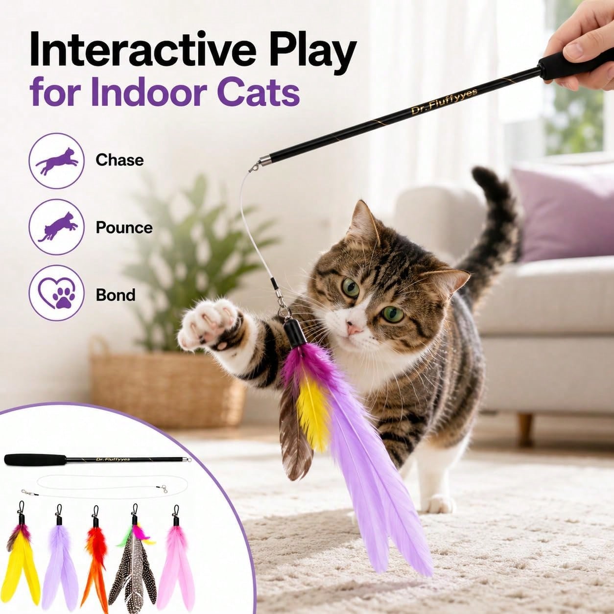 ของเล่นไม้ตกแมวพร้อมขนนก 5 ชิ้ - Interactive Cat Toy บทวิจารณ์และราคา